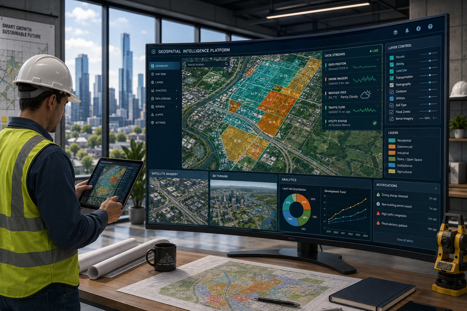 () editorial illustration showing a centralized geospatial data management dashboard on a large curved monitor, displaying