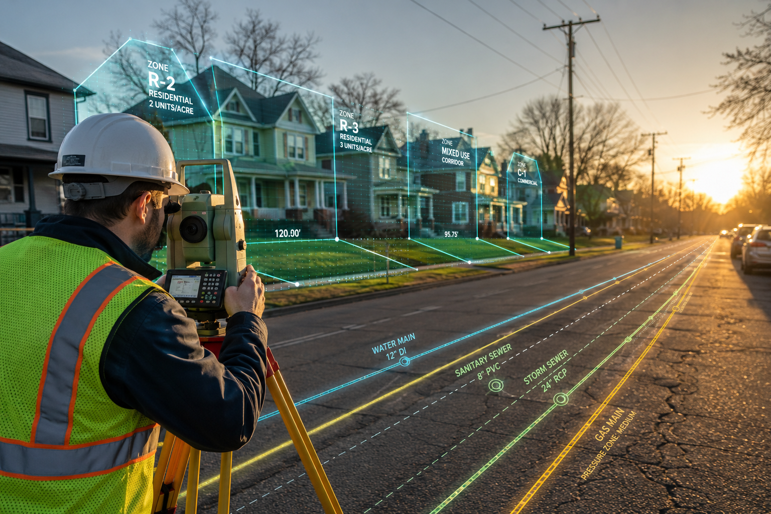 () wide-angle scene of a professional land surveyor using a total station instrument on a suburban street, with an augmented
