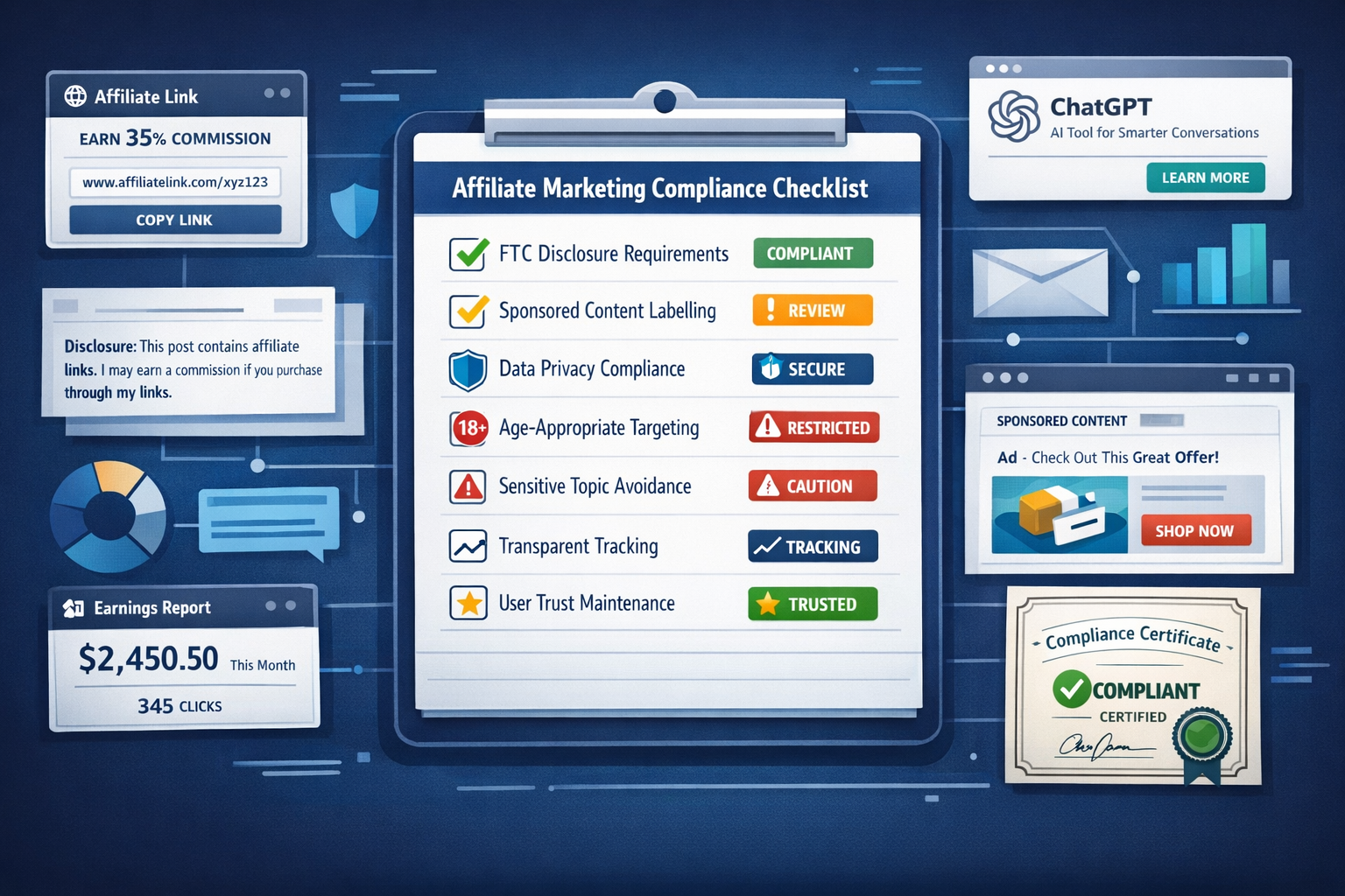 Comprehensive landscape format (1536x1024) compliance checklist dashboard visualization for affiliate marketers. Central focus shows digital