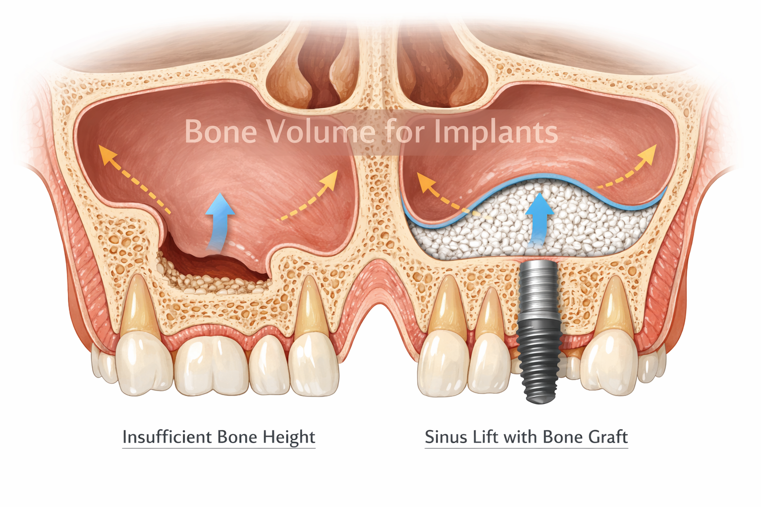 A detailed illustration showing a cross-section of the upper jaw with the maxillary sinus cavity. One side depicts insufficient bone height,