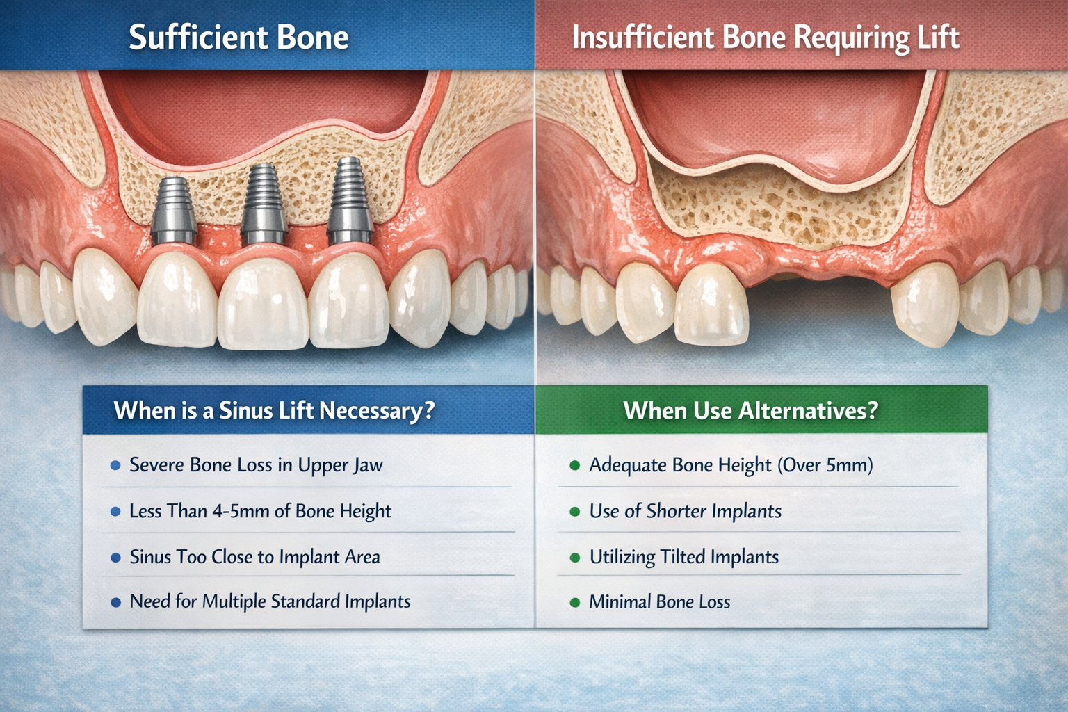A split-screen image showing two scenarios: on one side, a healthy upper jaw with sufficient bone, and on the other, a jaw with significant