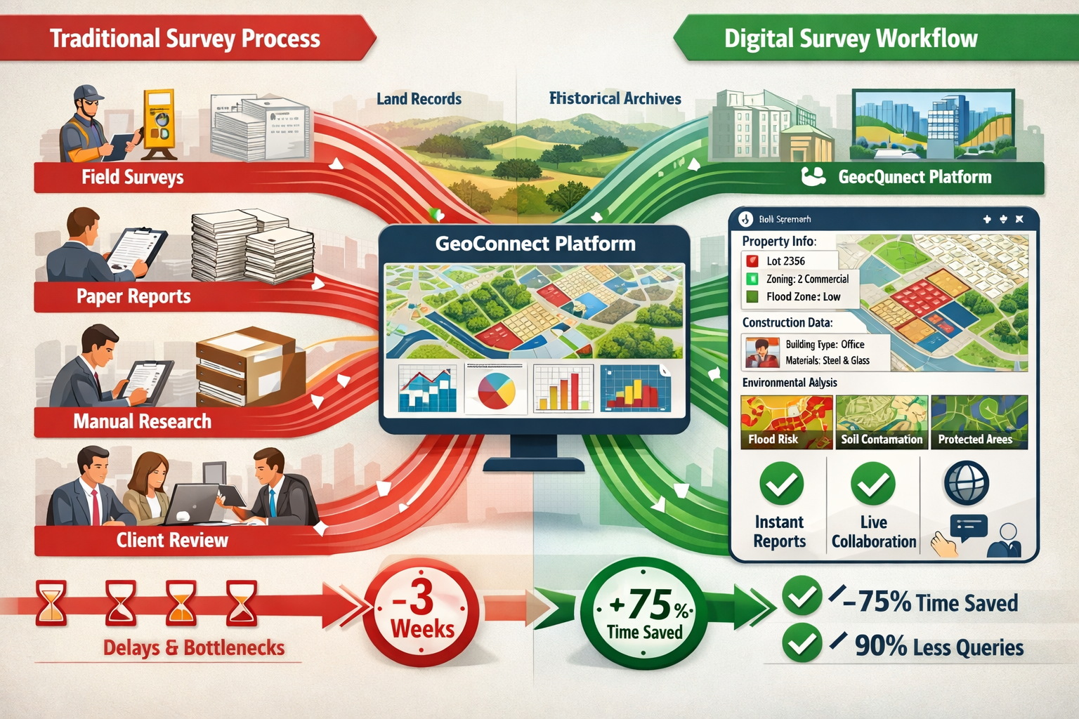 () detailed illustration showing split-screen comparison of traditional vs technology-enabled survey workflow. Left side