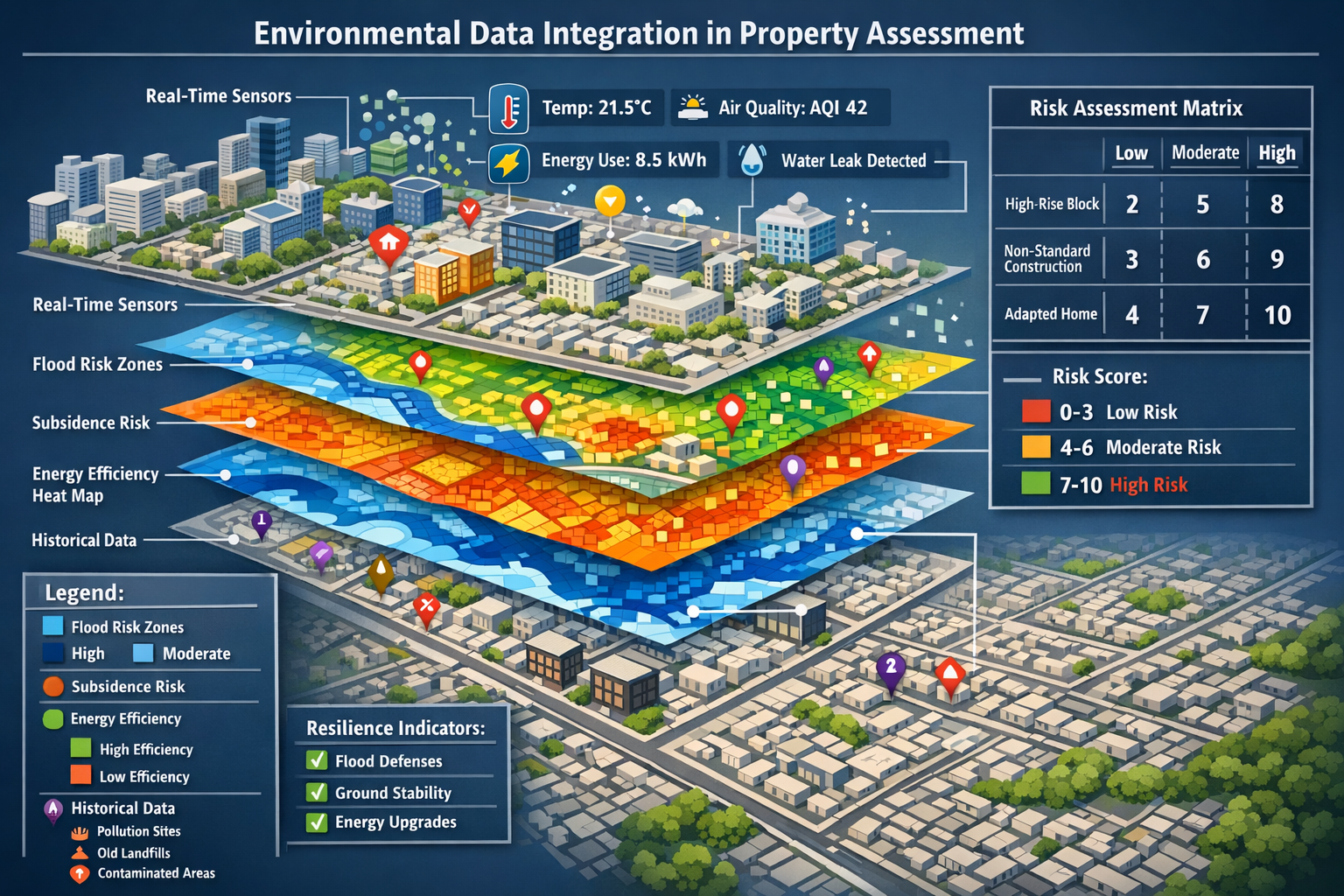 () detailed visualization of environmental data integration in property assessment showing layered geographic information