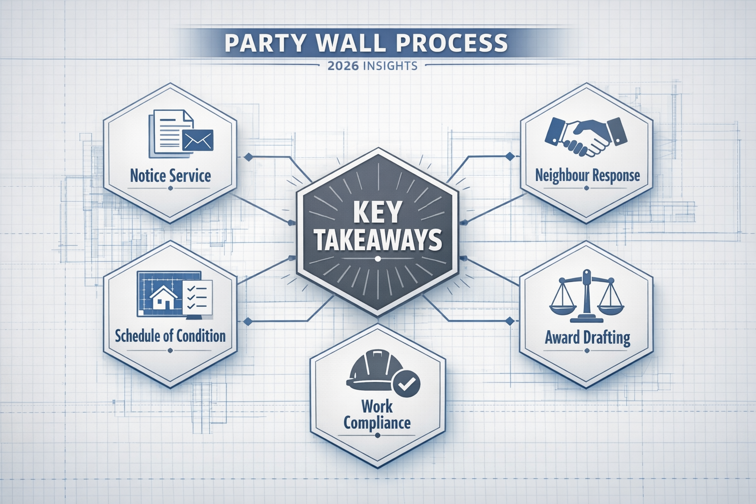 Infographic-style visual with multiple interconnected hexagonal icons representing key steps in Party Wall process, using