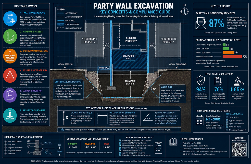 Key Takeaways infographic with architectural blueprint style background, featuring 5-6 color-coded icons representing