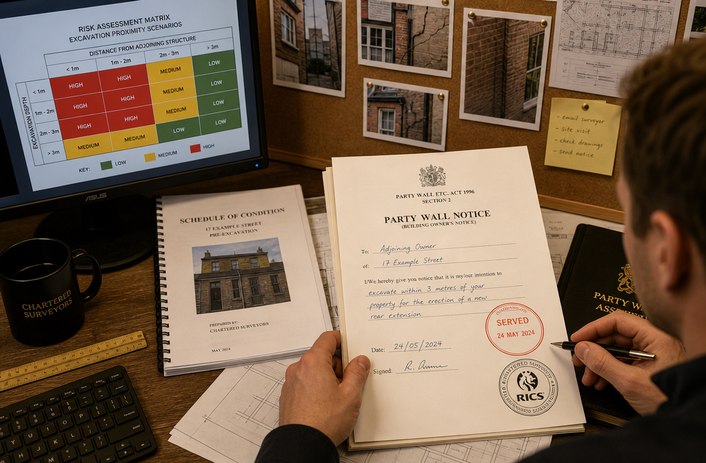 () overhead aerial perspective showing a party wall surveyor at a desk reviewing a Schedule of Condition report with