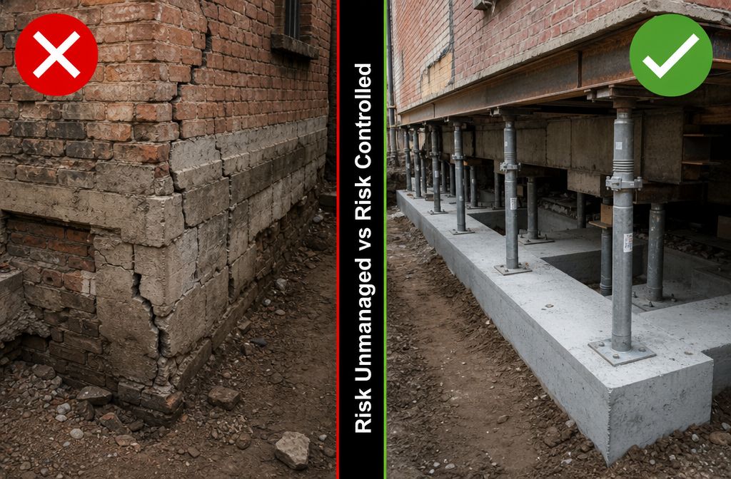 () split-scene composition: left half shows a damaged cracked brick foundation wall with visible settlement cracks and