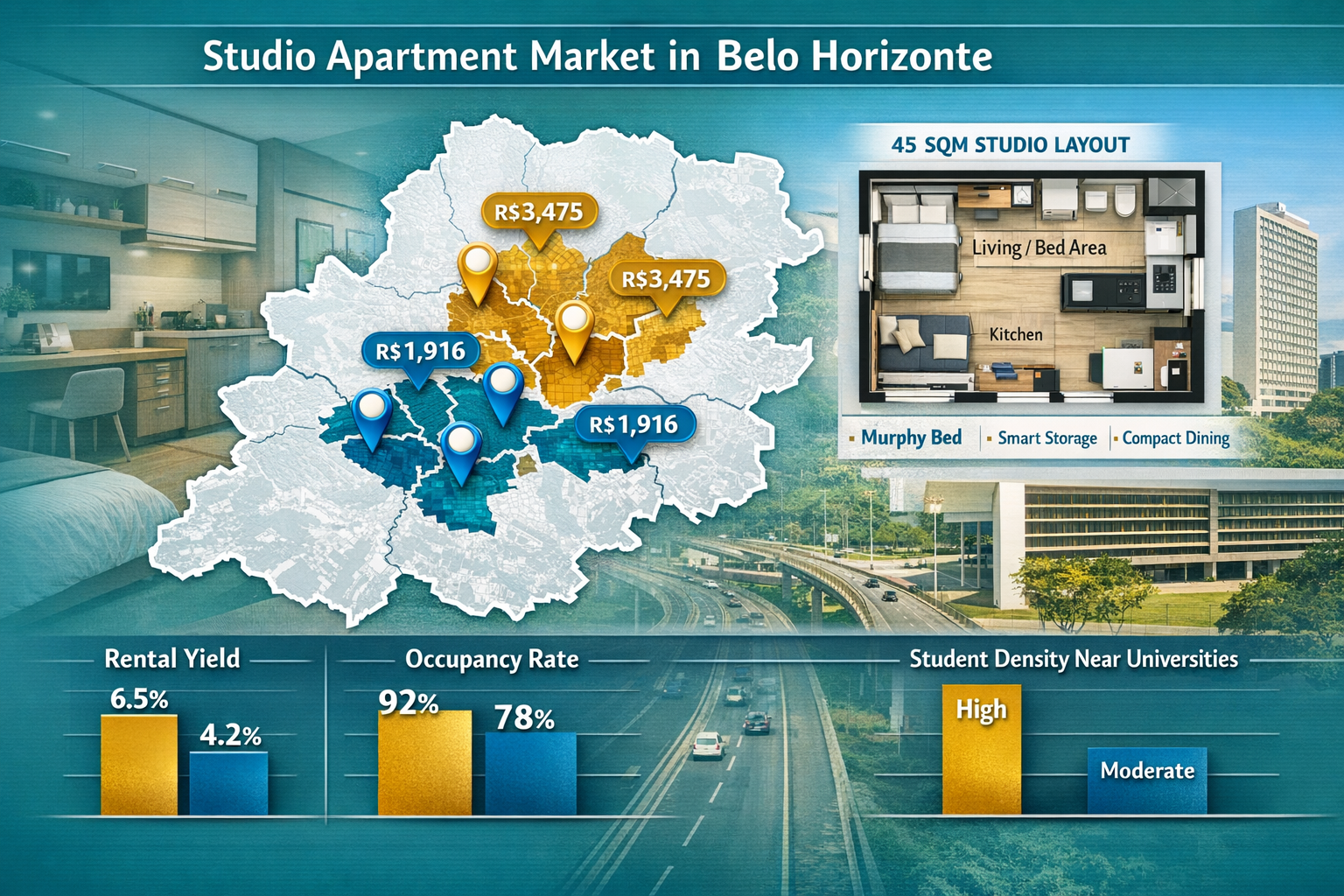 Landscape format (1536x1024) comparative visualization showing studio apartment rental market dynamics in Belo Horizonte neighborhoods. Map-