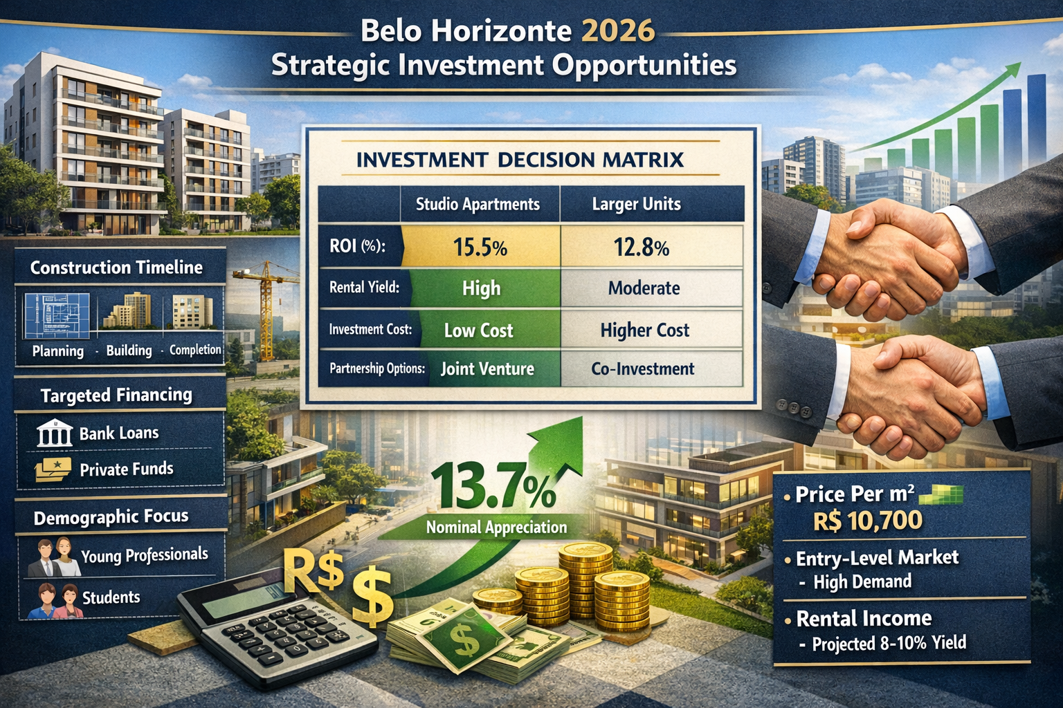 Landscape format (1536x1024) strategic investment opportunity visualization for real estate developers and investors in Belo Horizonte 2026.