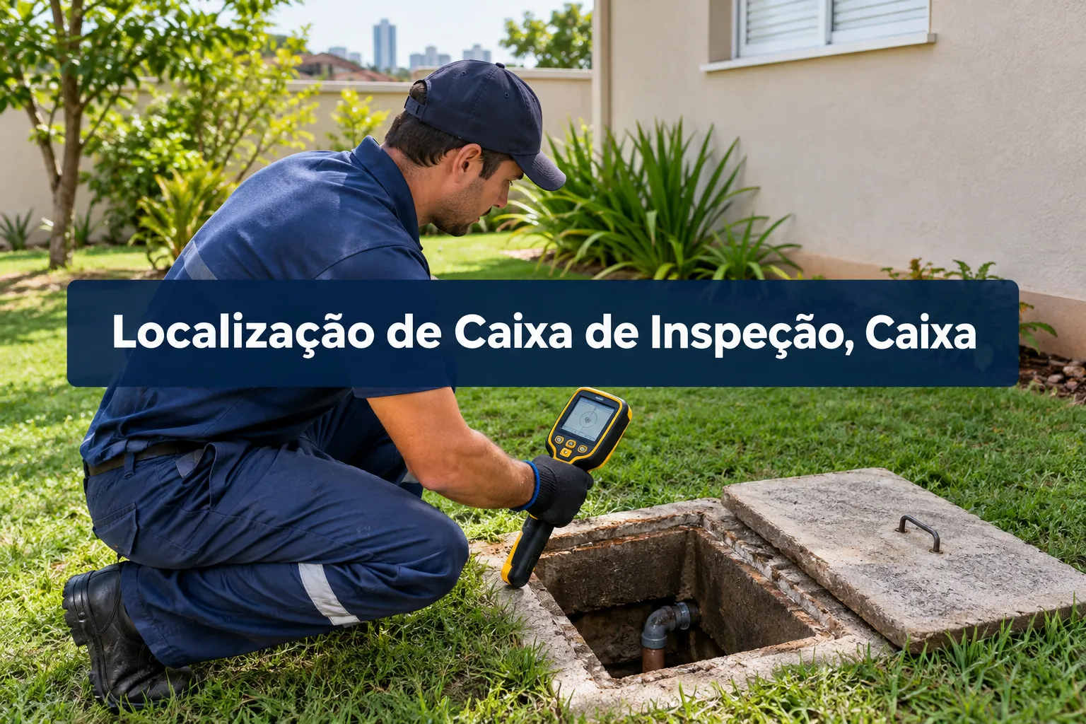 Professional () hero image with SHORT (≤42 chars): 'Localização de Caixa de Inspeção, Caixa', white on a dark