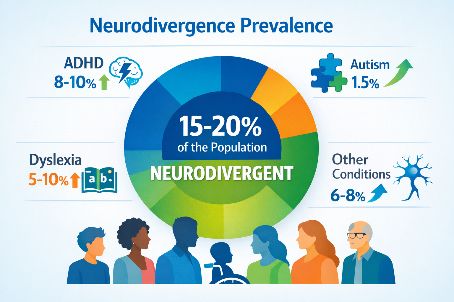 Landscape format (1536x1024) infographic showing neurodivergence prevalence statistics with colorful pie chart displaying 15-20% of populati
