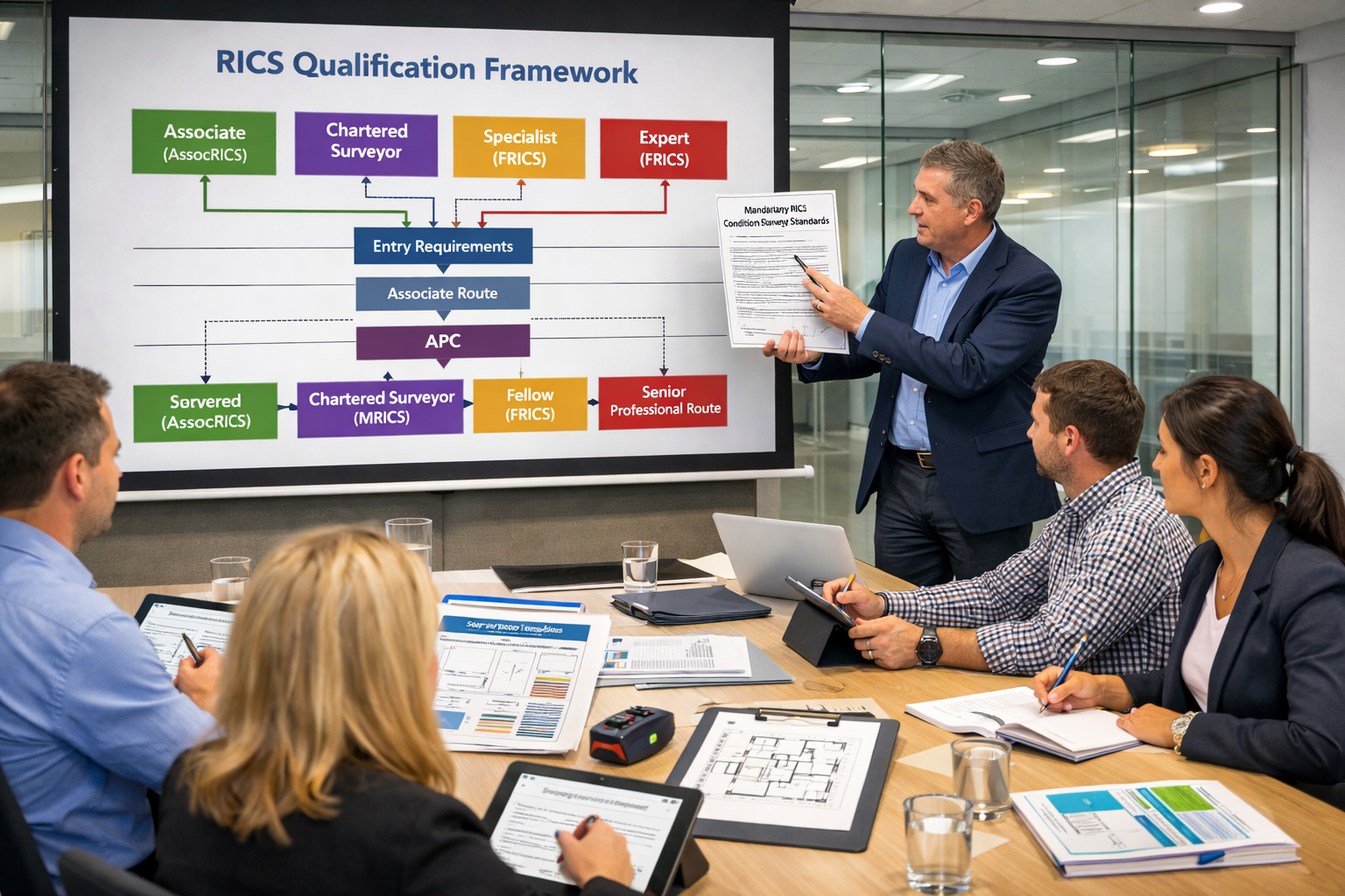 () image showing professional training classroom environment with chartered surveyors attending CPD session, large