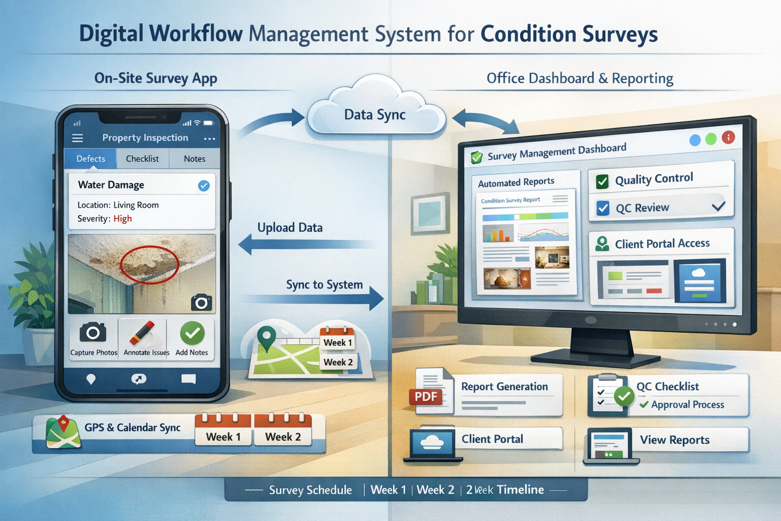 () detailed infographic illustration showing digital workflow management system for condition surveys, split-screen