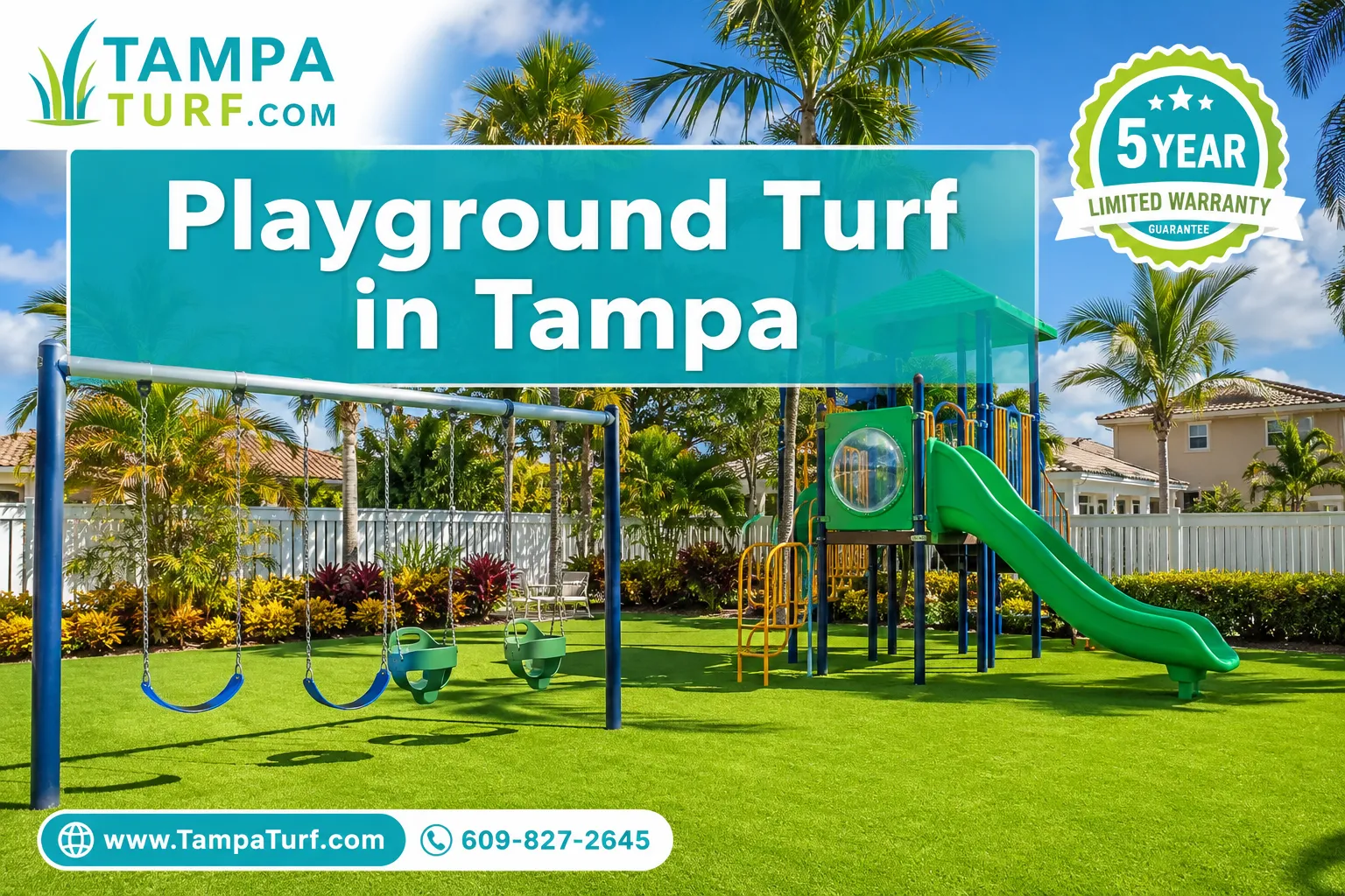 Professional () magazine-cover hero image with SHORT : 'Playground Turf in Tampa', centered upper-third with generous 8%