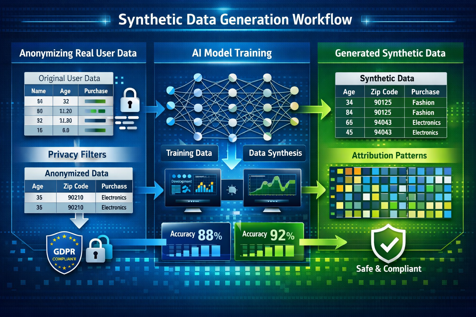 Landscape format (1536x1024) detailed infographic showing step-by-step synthetic data generation workflow: left side displays real user data