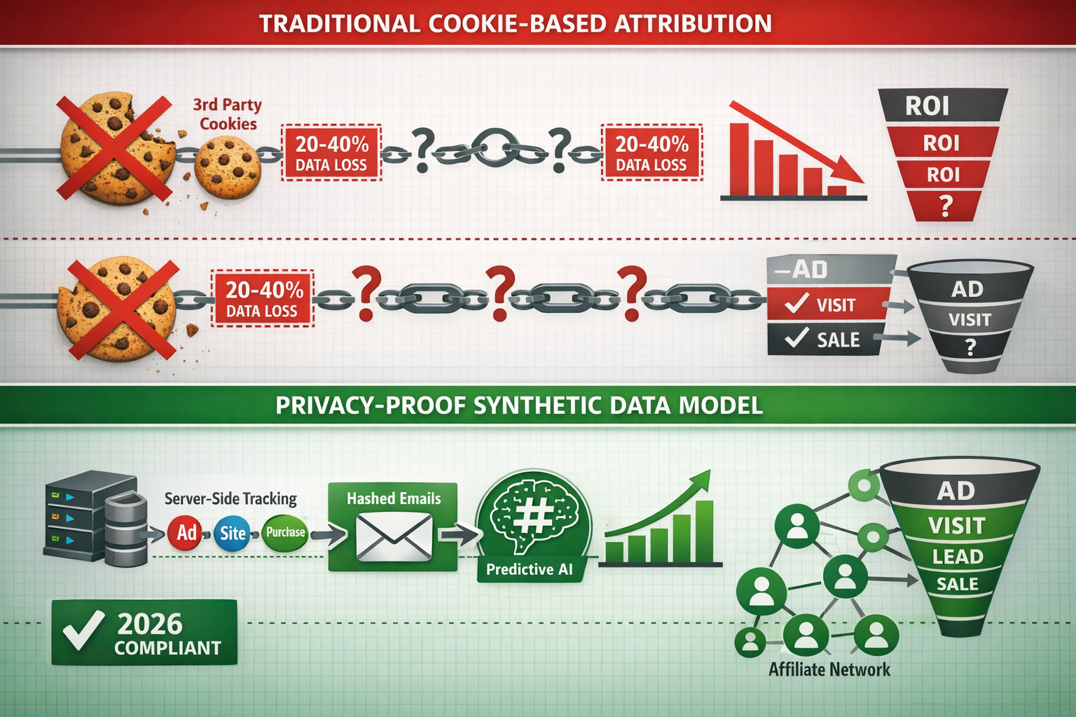 Landscape format (1536x1024) split-screen comparison visualization: top half shows traditional cookie-based attribution model with broken tr