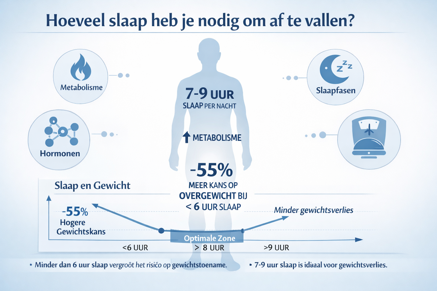 Infographic visualizing key points about sleep and weight loss, featuring minimalist human silhouette with sleep/weight metrics overlaid, cl