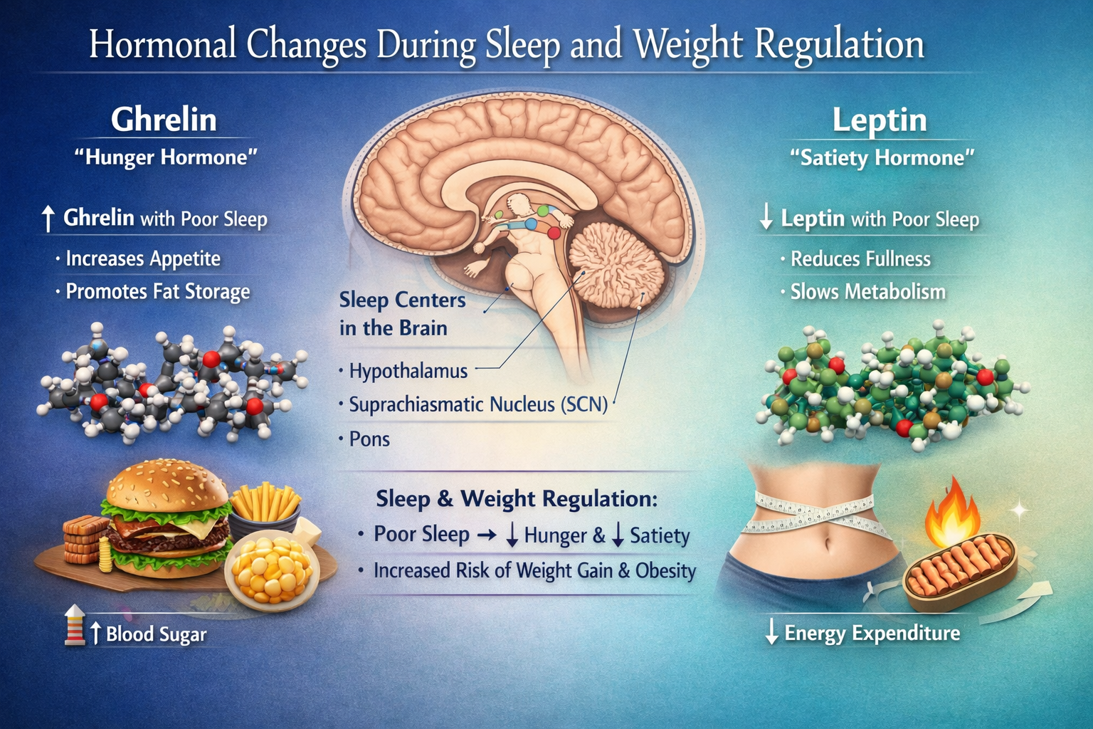 Scientific medical illustration showing hormonal changes during sleep, depicting ghrelin and leptin hormone molecular structures, soft gradi