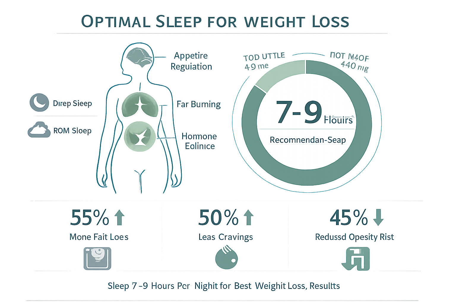 Precise sleep duration infographic mapping optimal sleep hours for weight loss, featuring human body outline with metabolic zones highlighte