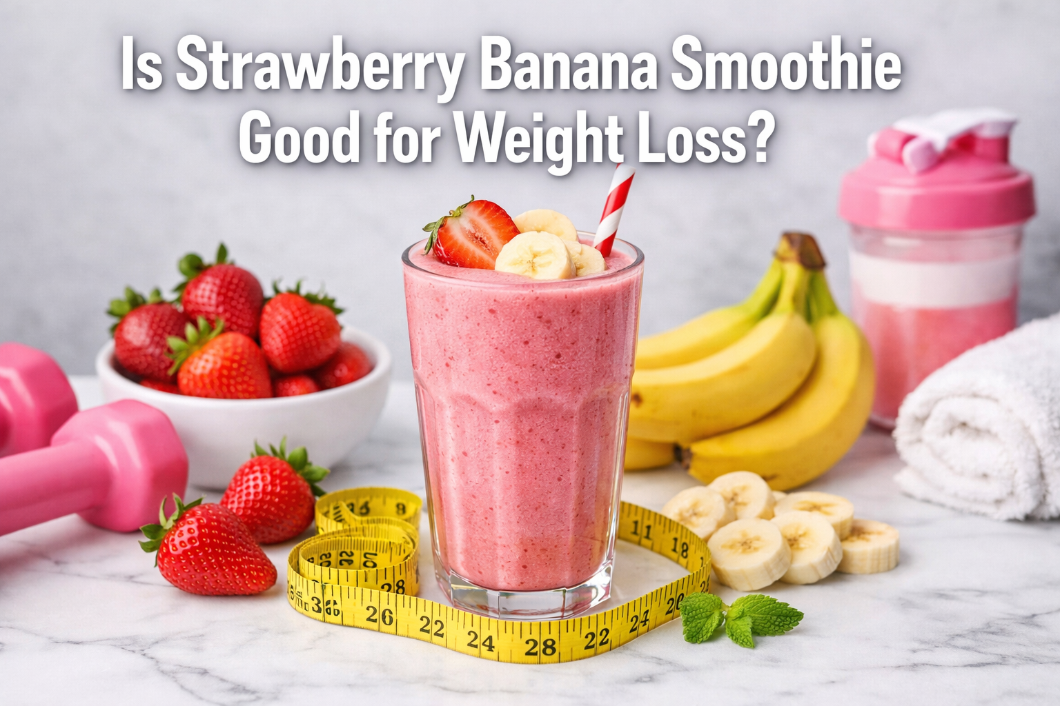 Professional landscape hero image (1536x1024) featuring bold text overlay 'Is Strawberry Banana Smoothie Good for Weight Loss?' in extra lar