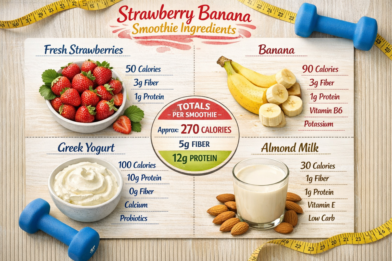 Detailed infographic showing nutritional breakdown of strawberry banana smoothie ingredients - fresh strawberries, banana, Greek yogurt, and