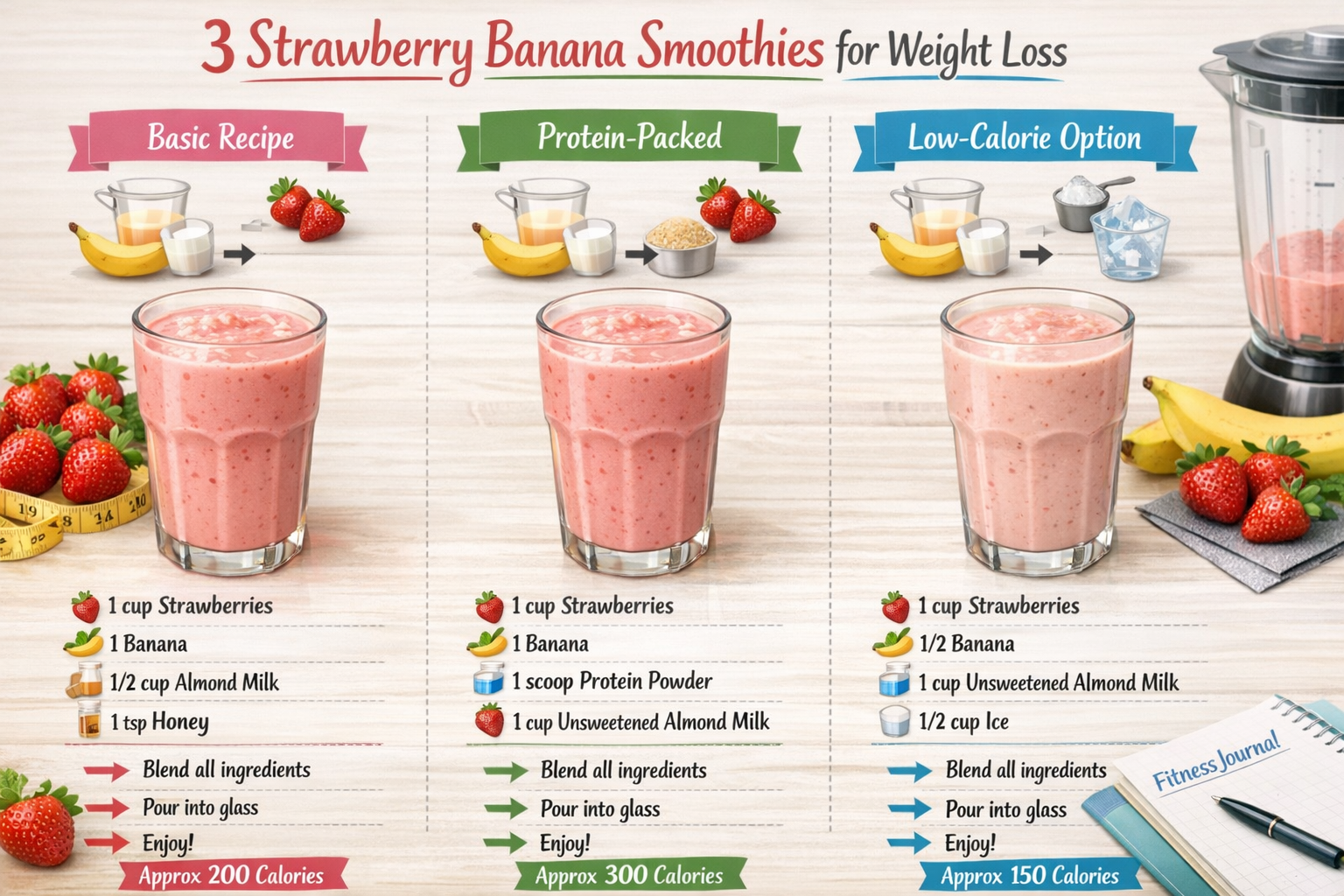 Step-by-step visual guide showing three different strawberry banana smoothie variations for weight loss - basic recipe, protein-packed versi