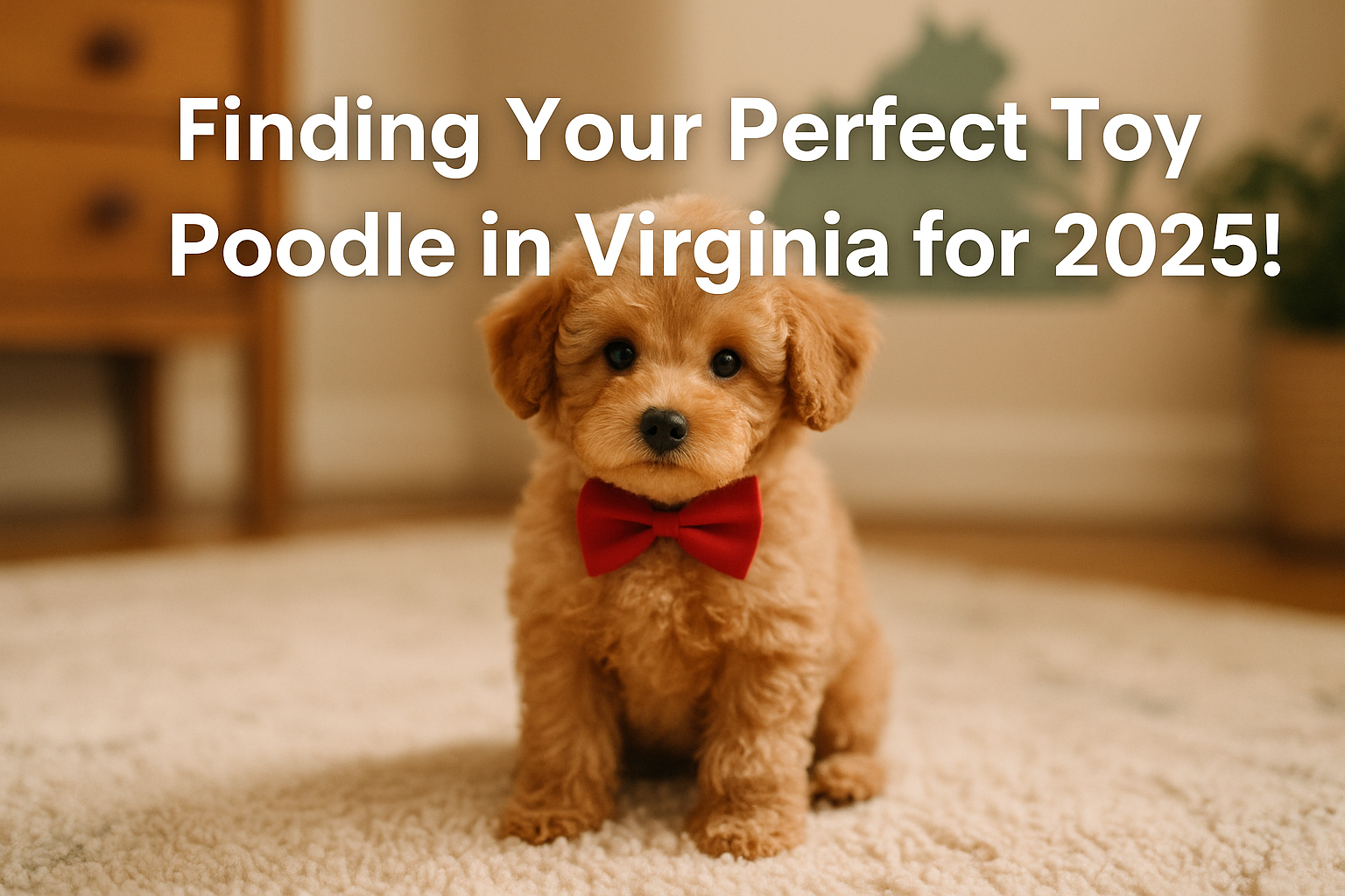 Professional landscape hero image (1536x1024) with bold text overlay: 'Finding Your Perfect Toy Poodle in Virginia for 2025!', modern sans-s