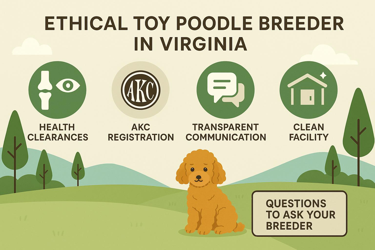 An infographic-style landscape image (1536x1024) illustrating the key qualities of an ethical toy poodle breeder in Virginia. The graphic sh