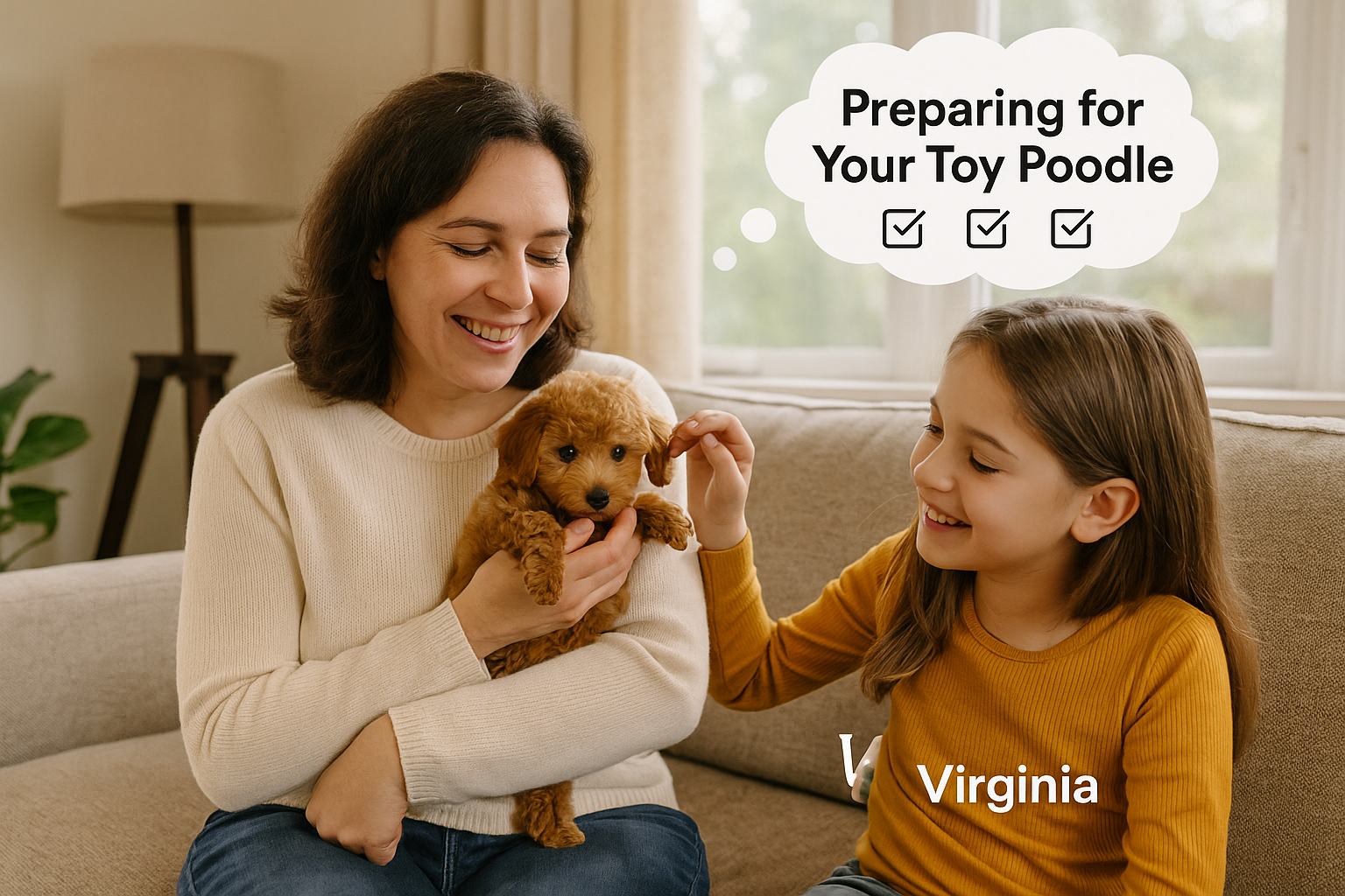 A heartwarming landscape image (1536x1024) of a family (or individual) happily interacting with a toy poodle puppy in a Virginia home settin