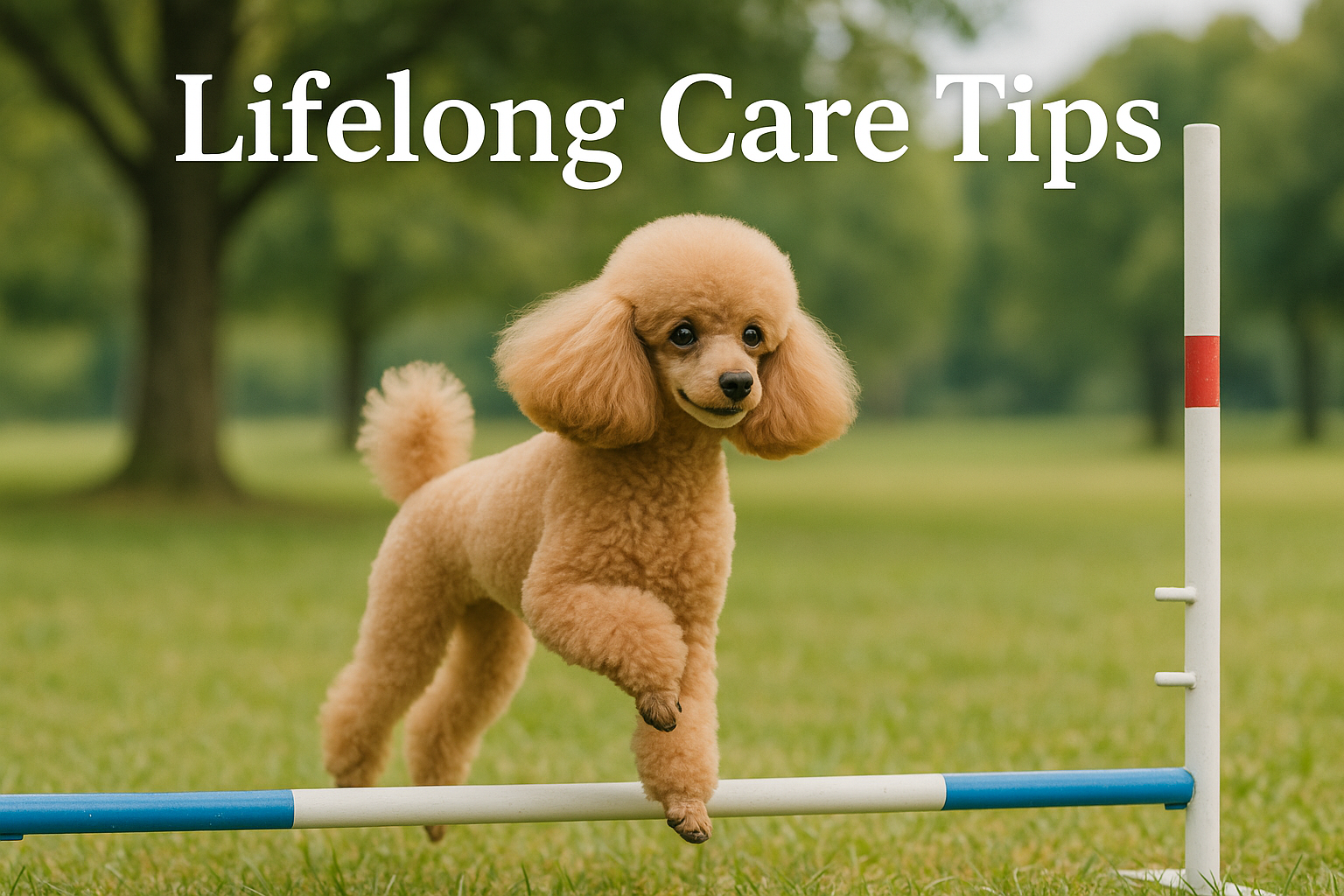 A serene landscape image (1536x1024) showing a well-groomed adult toy poodle confidently participating in an obedience or agility training s