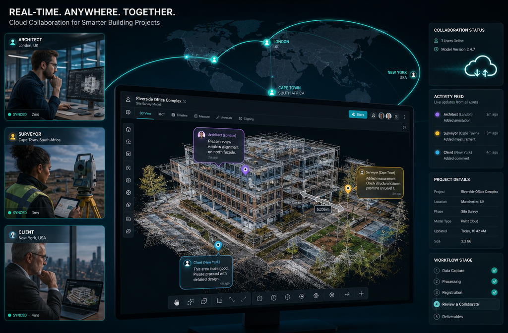 () editorial illustration showing a browser-based 3D building model viewer open on a large monitor, with three stakeholder
