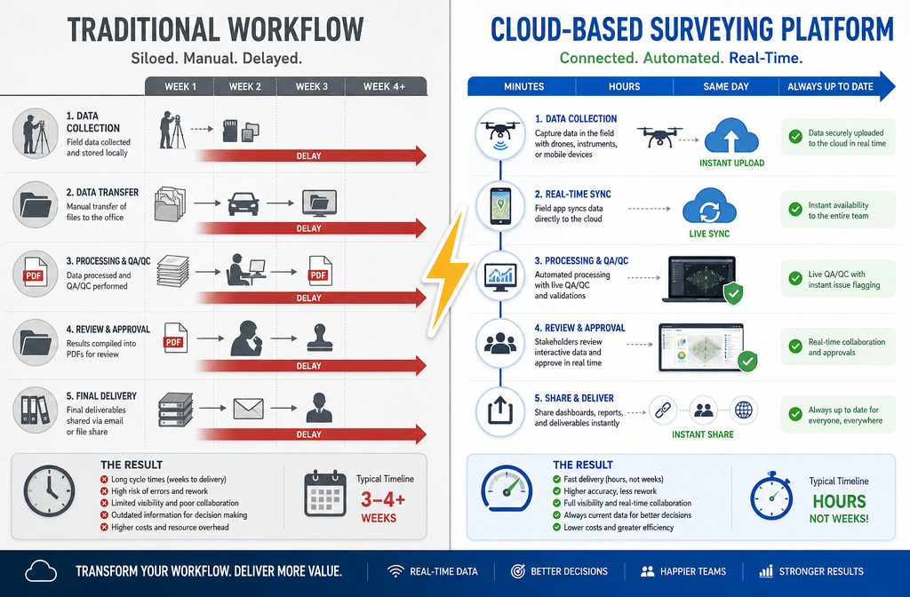 () infographic-style image showing a comparison timeline: left panel labeled 'Traditional Workflow' with static PDF icons,