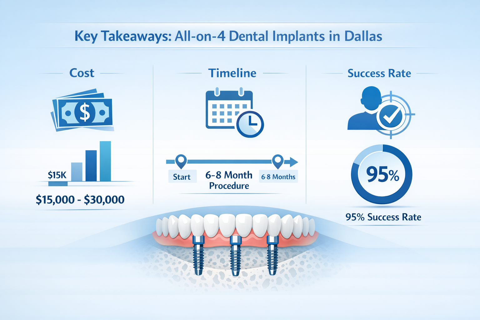 Infographic-style key takeaways graphic depicting All-on-4 dental implant process in Dallas, featuring minimalist medical icons representing