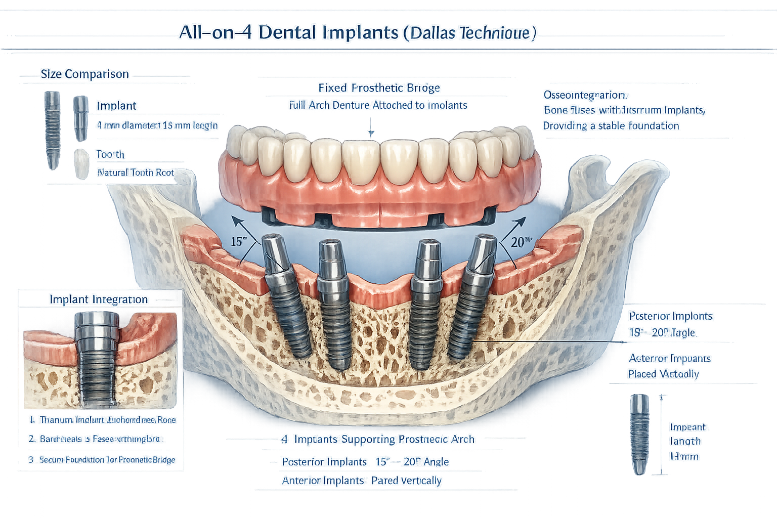 Comprehensive medical illustration showing cross-section of human jaw with detailed All-on-4 dental implant placement technique, emphasizing
