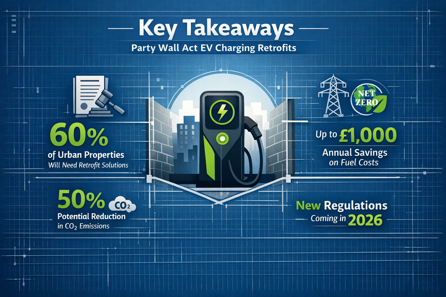 Comprehensive infographic visualizing 'Key Takeaways' for Party Wall Act EV Charging Retrofits, featuring a clean,