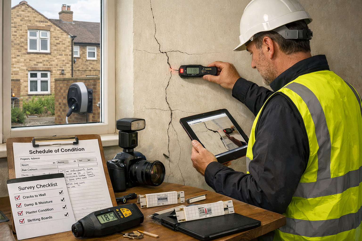 Unique () photorealistic scene of professional party wall surveyor conducting pre-installation condition survey at