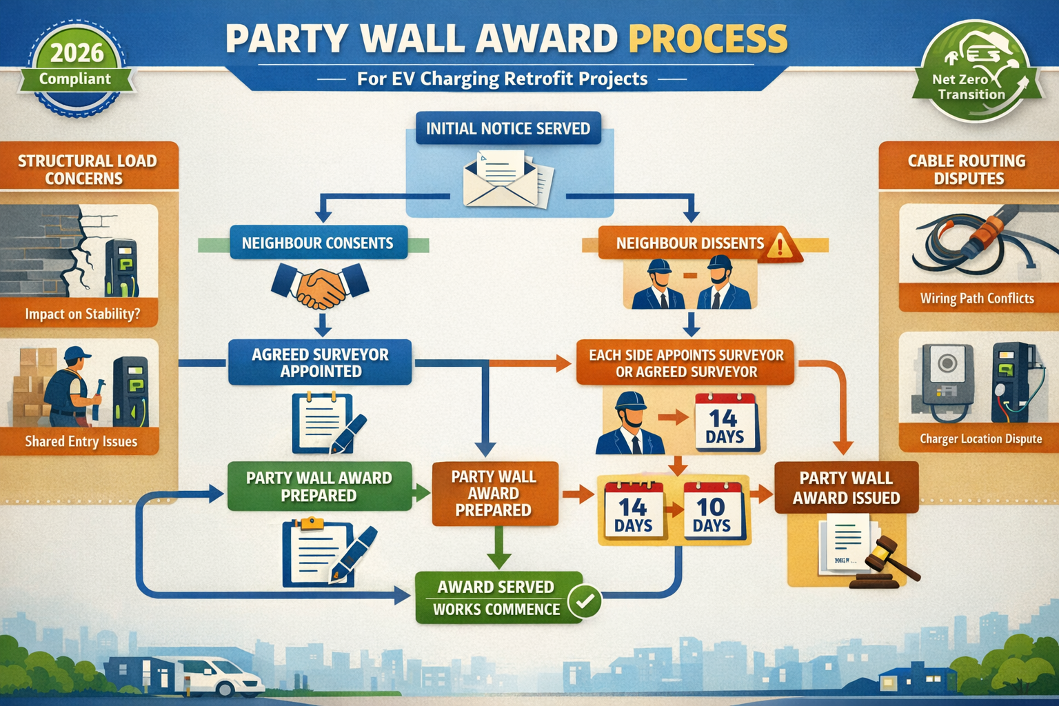 Distinctive () infographic-style composition showing Party Wall Award dispute resolution flowchart for EV charging retrofit