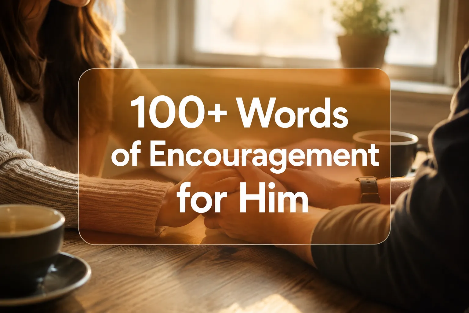 Professional () hero image with '100+ Words of Encouragement for Him' in large white on a warm semi-transparent panel,
