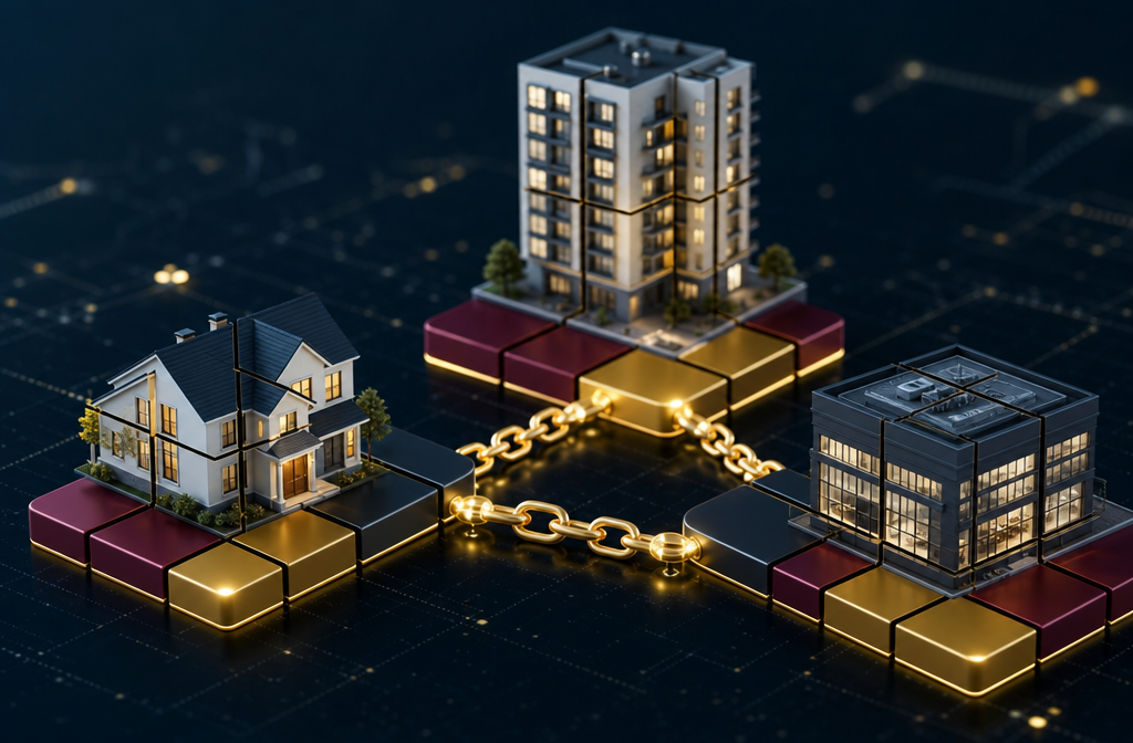 Wide-angle () illustration of a blockchain ledger visualization with glowing chain links connecting miniature 3D property