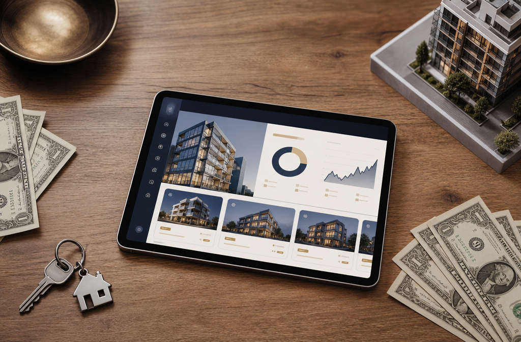 () flat-lay style overhead composition showing a wooden desk with a tablet displaying a tokenized real estate platform