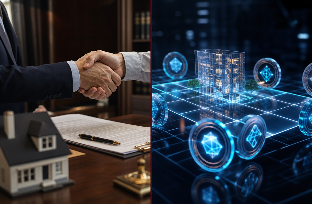 () split-screen concept image: left side shows a traditional real estate transaction with a handshake over paper documents