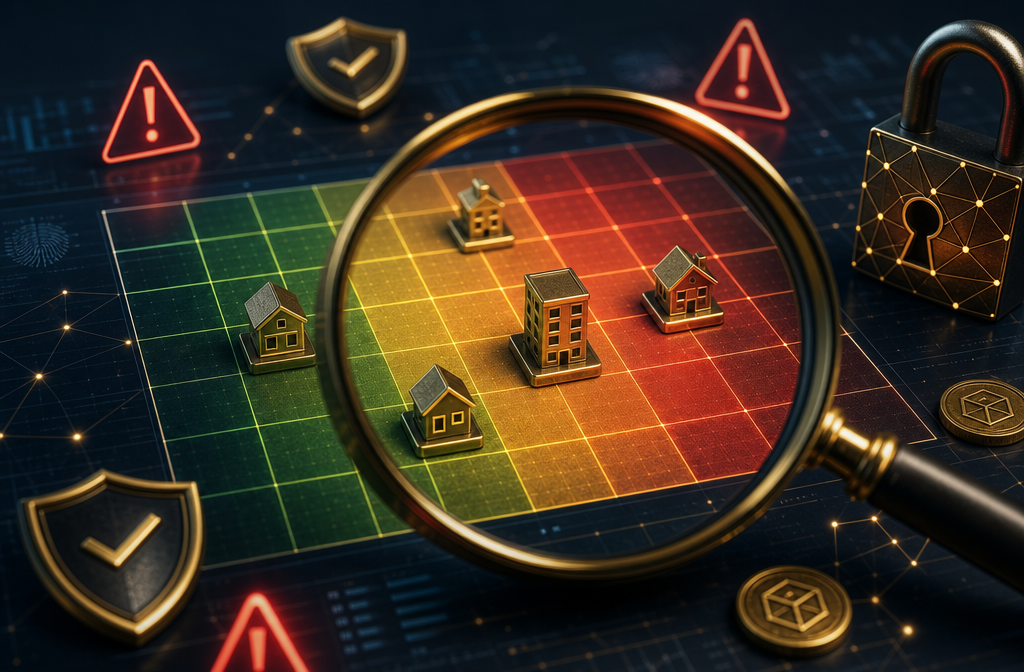 () close-up perspective of a magnifying glass hovering over a glowing digital risk matrix grid with tokenized property icons