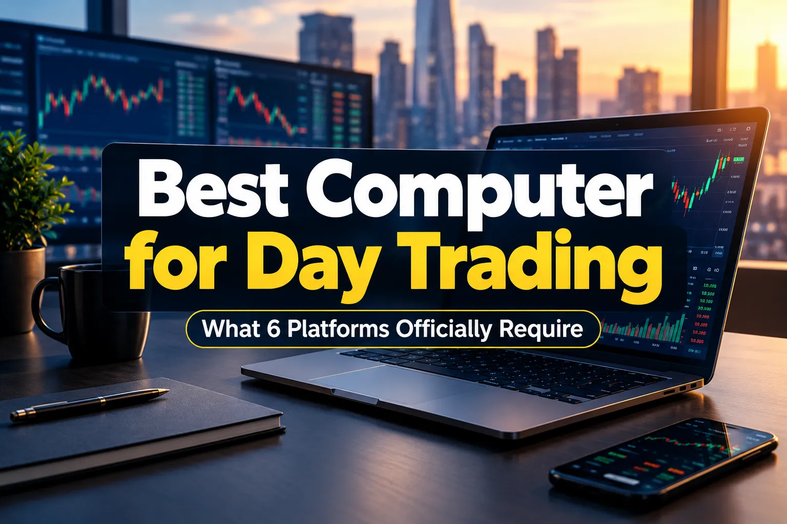 Best computer for day trading cover image with a laptop and chart screens