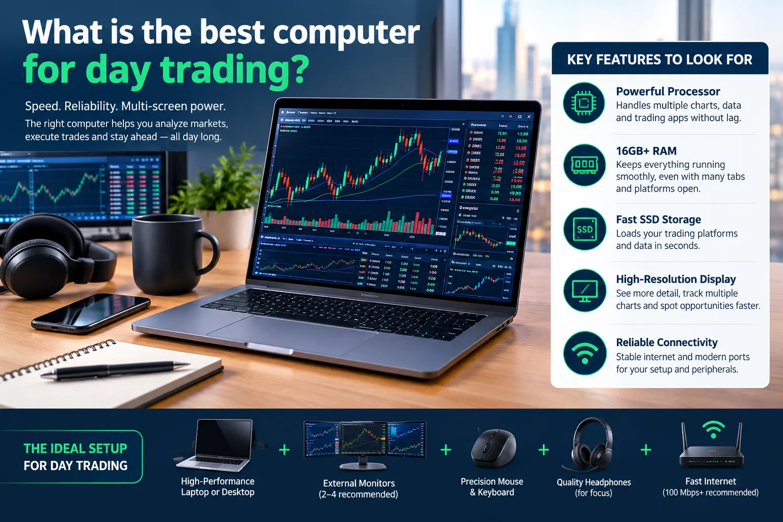 What is the best computer for day trading: processor, RAM, SSD storage, display and connectivity