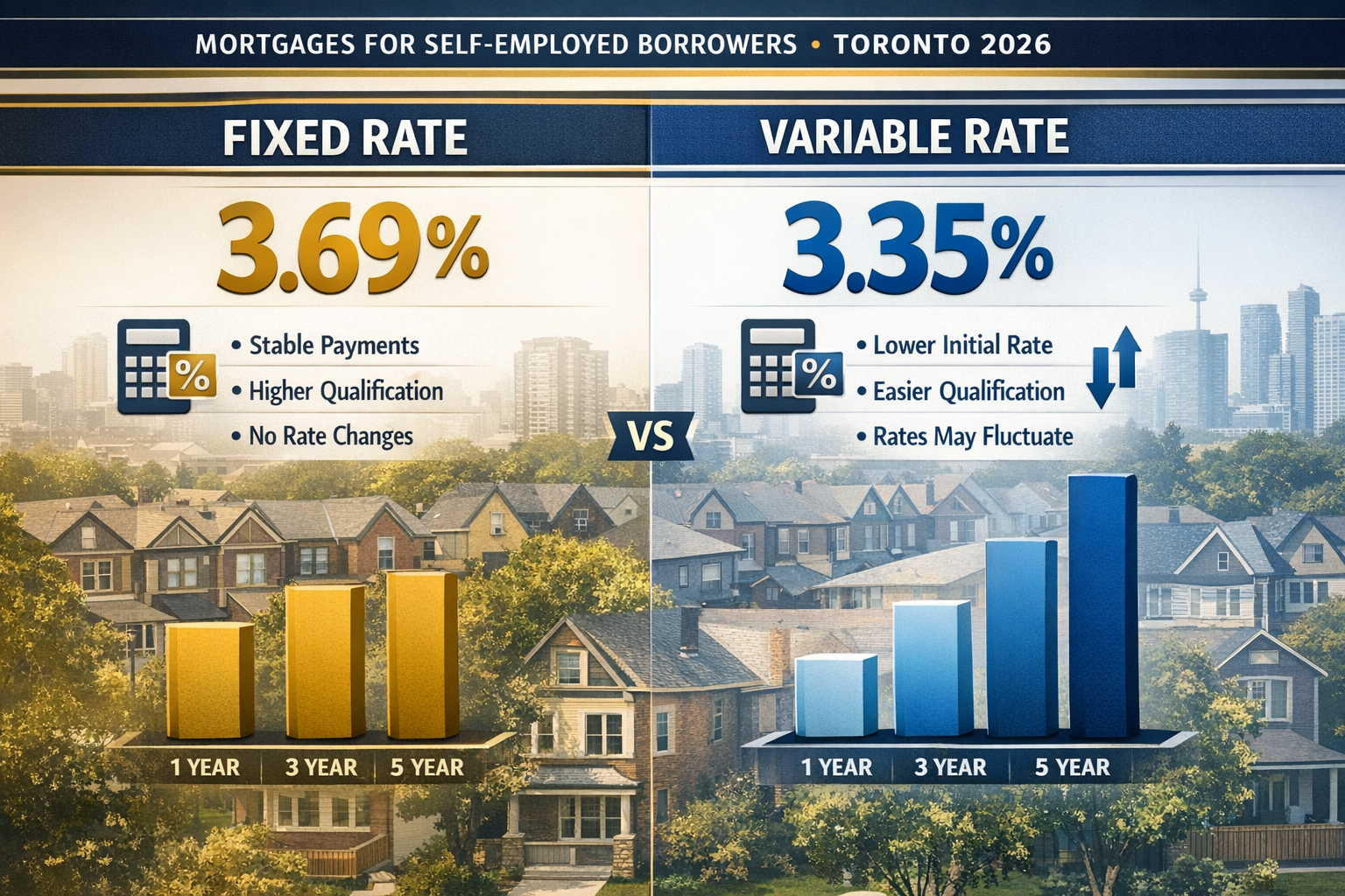 Landscape format (1536x1024) detailed infographic showing side-by-side comparison of fixed versus variable mortgage rates for self-employed