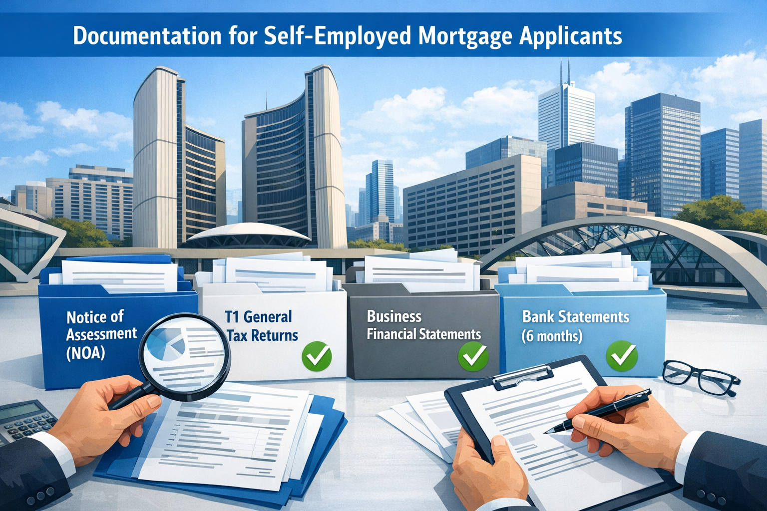 Landscape format (1536x1024) professional illustration showing documentation requirements for self-employed mortgage applicants. Visual comp