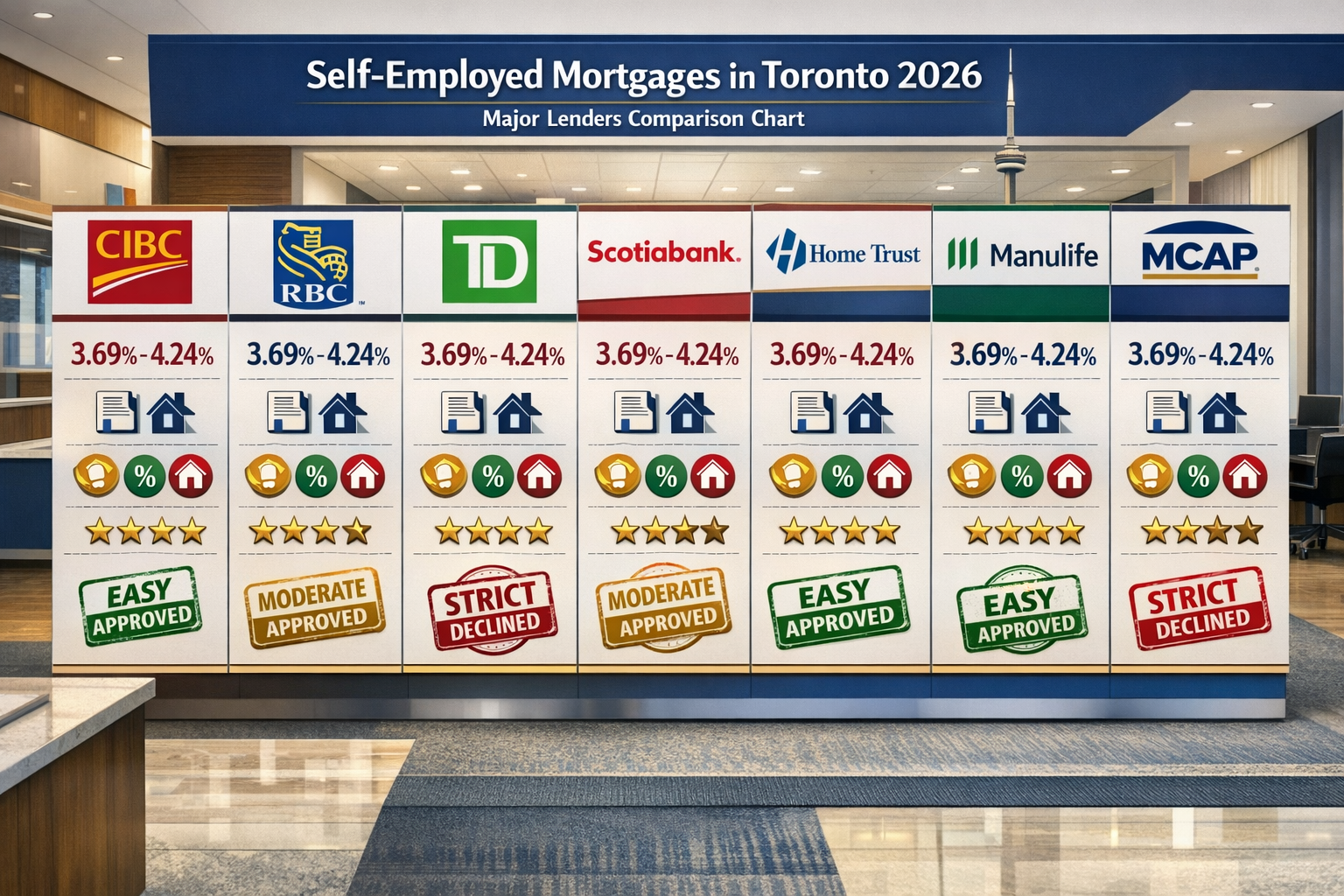 Landscape format (1536x1024) detailed comparison chart showing major Canadian lenders offering self-employed mortgages in Toronto 2026. Visu