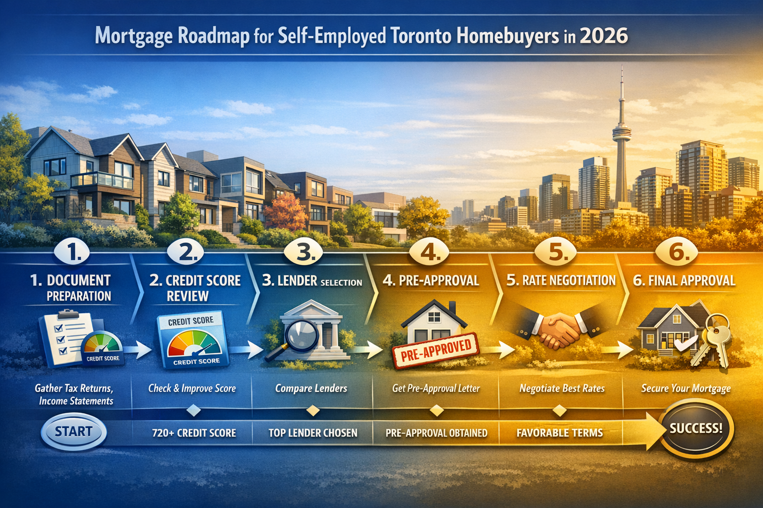 Landscape format (1536x1024) strategic roadmap infographic showing step-by-step mortgage application process for self-employed Toronto homeb