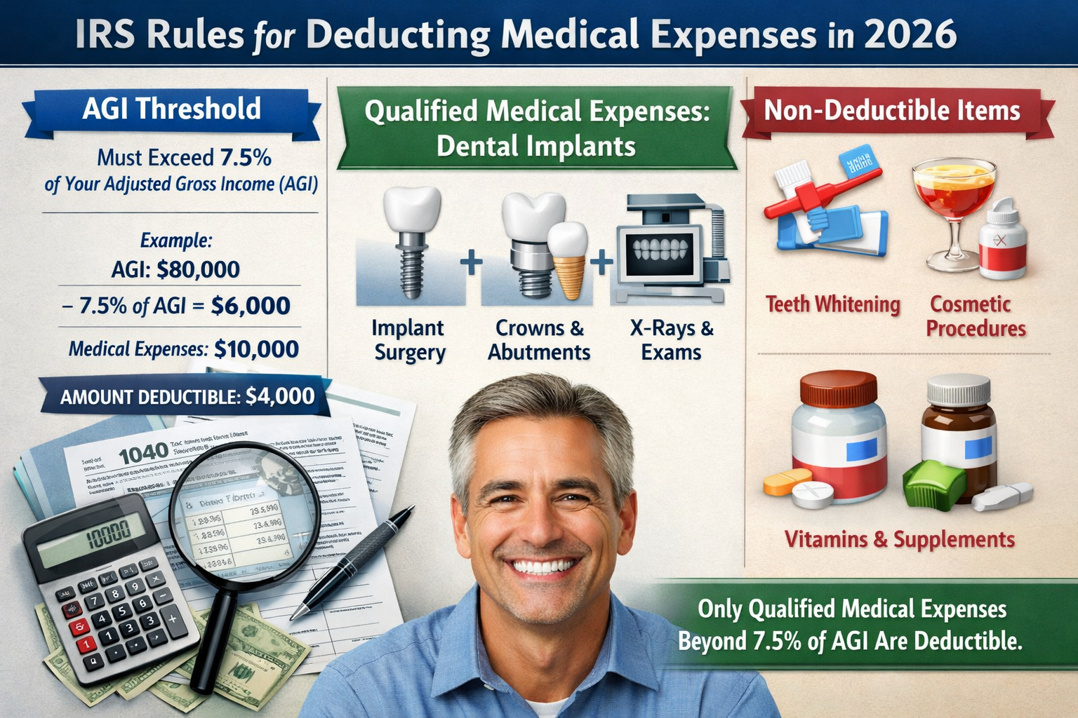 A detailed infographic illustrating the IRS rules for deducting medical expenses in 2026, specifically highlighting dental implant costs. Th