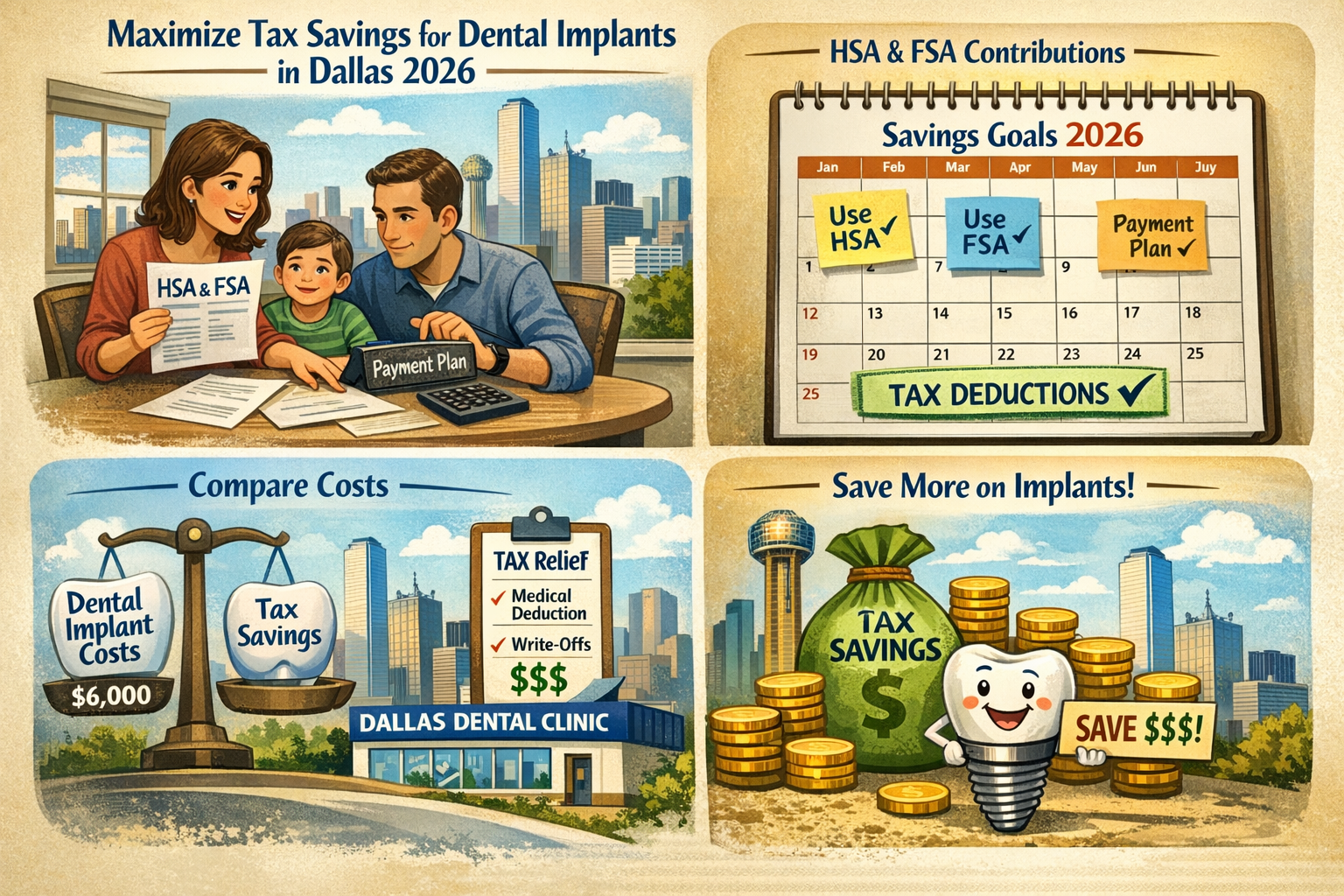 An illustration depicting various strategies to maximize tax savings for dental implants in Dallas in 2026. This image should include visual